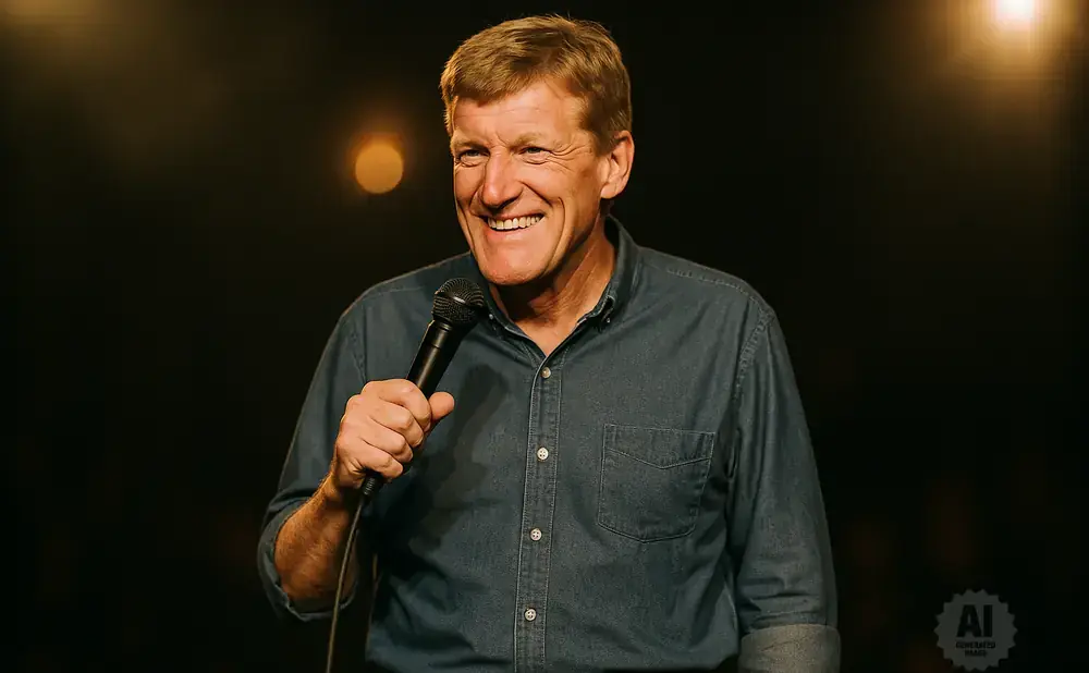A smiling man in a denim shirt holds a microphone on a dark stage with warm lighting.