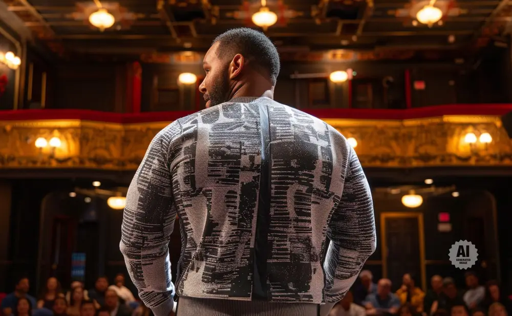 Man in patterned sweater on stage facing away from camera, audience in background.