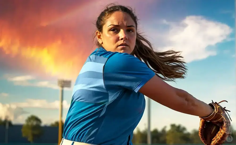 Woman pitcher in blue uniform throws a softball against a dramatic sunset and sky.