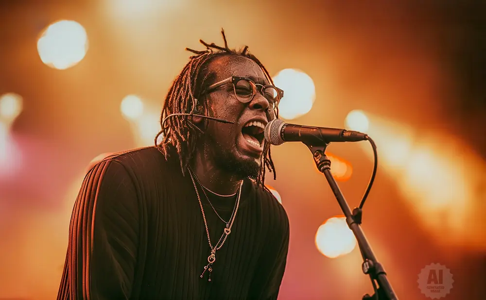 A singer with dreadlocks and glasses sings into a microphone on a stage lit by warm lights.