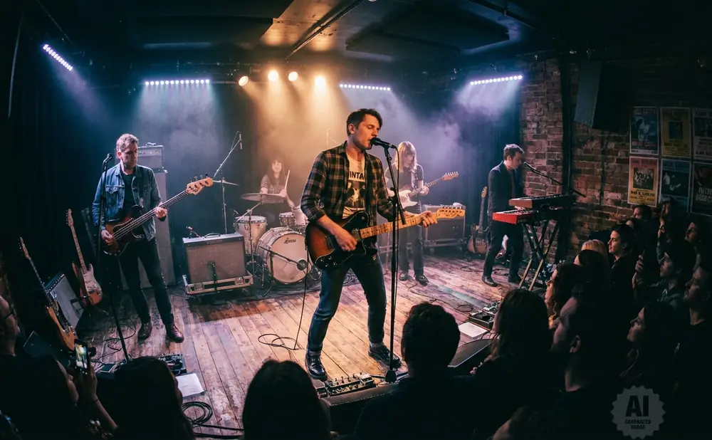 A band performs on a dimly lit stage with bright spotlights and smoke.