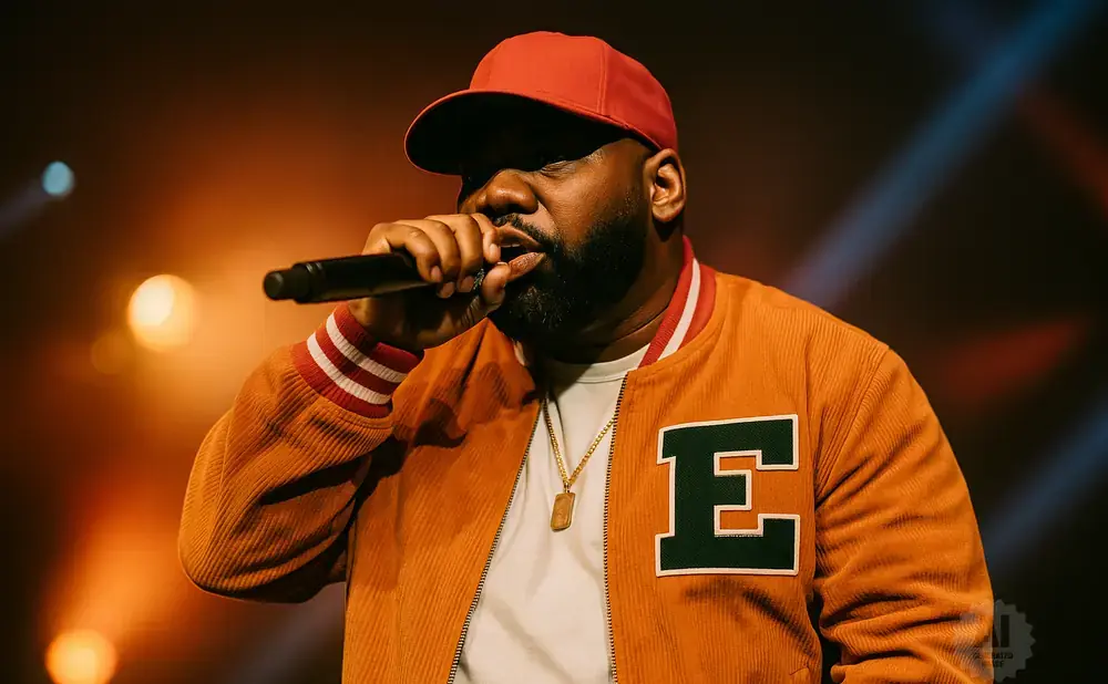 A man in a red cap and orange jacket raps into a microphone on a stage with warm lighting.