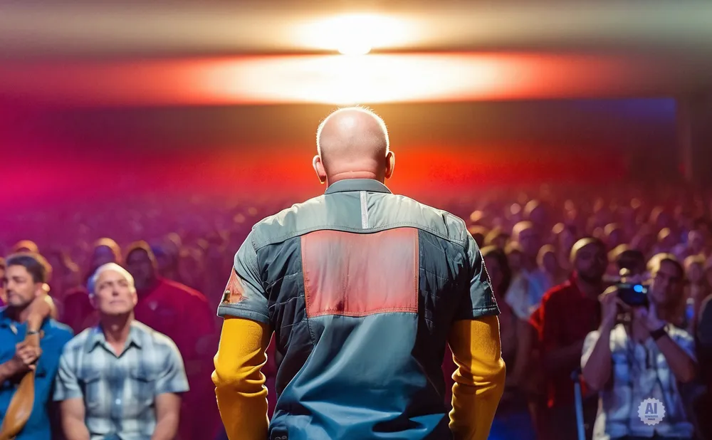 A bald man in a grey jacket with yellow sleeves stands before a large, blurred audience under bright red and white lights.