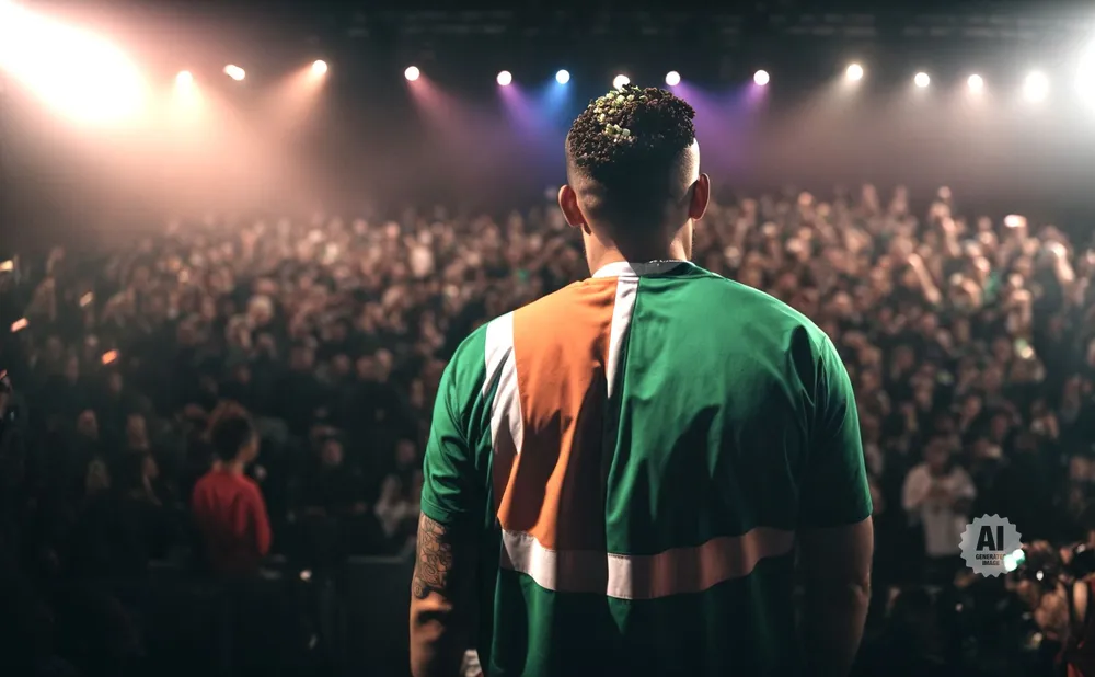 Man in a green shirt with orange and white stripes on his back stands facing a cheering crowd on a stage.