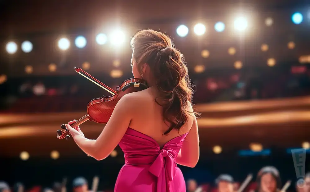 A woman in a pink dress plays the violin on stage, with blurred lights in the background.