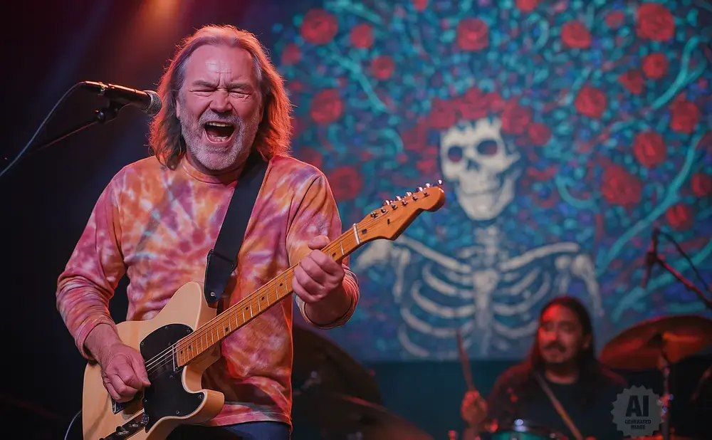 A man with long hair and a tie-dye shirt sings and plays a guitar on stage.