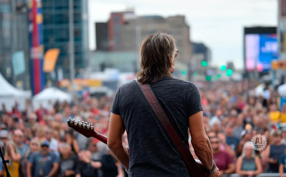 Guitarist with long hair performs for a large crowd at an outdoor festival.