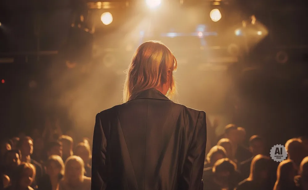 Back of person in suit on stage, facing an audience, illuminated by stage lights.