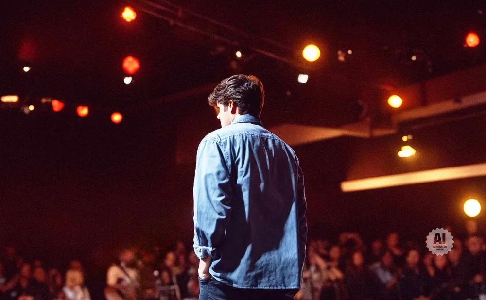 A man in a denim shirt stands with his back to the camera on a stage, with a blurred audience and stage lights in the background.