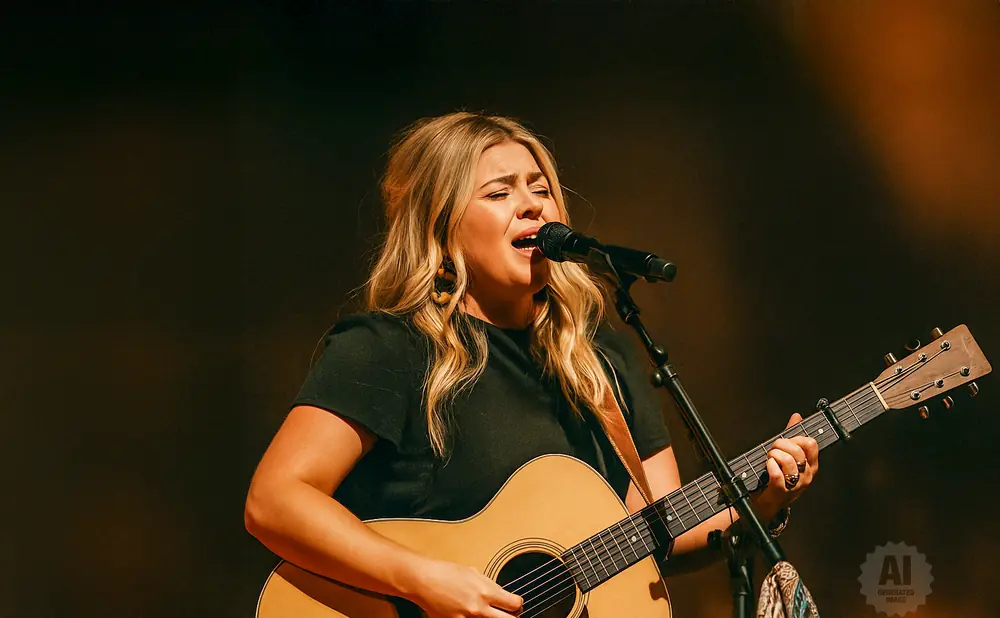A blonde woman sings into a microphone while playing an acoustic guitar on stage.