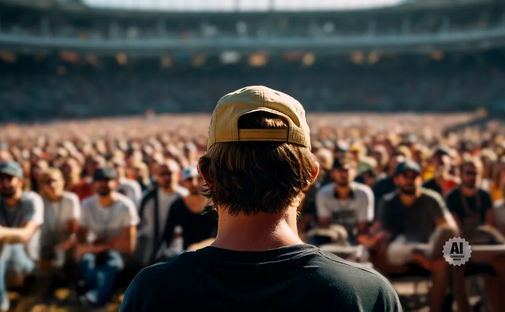 Back view of a person in a baseball cap at an outdoor event, facing a large crowd in a stadium.
