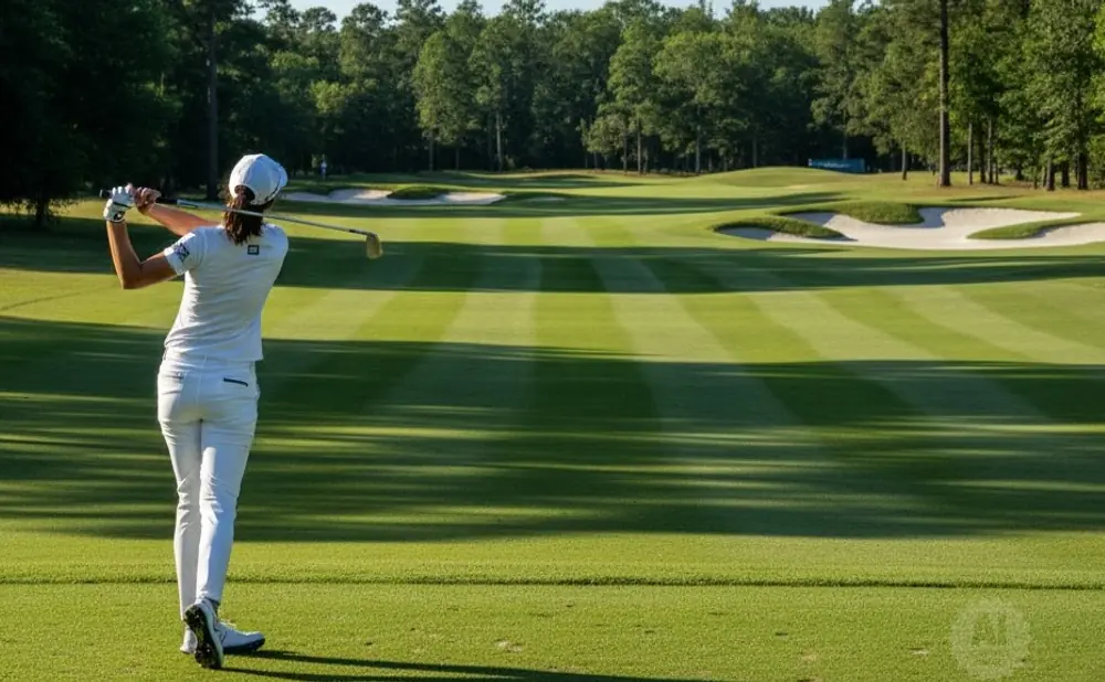 Golfer in white swings club on a manicured golf course with sand traps and trees.