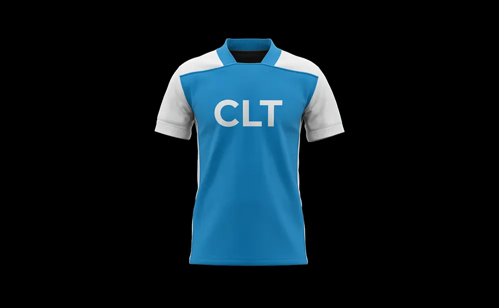 A blue and white soccer jersey with 