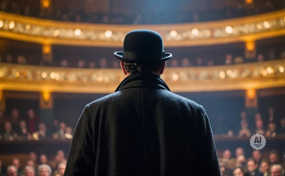 Man in a bowler hat and dark coat facing an audience in a theater.