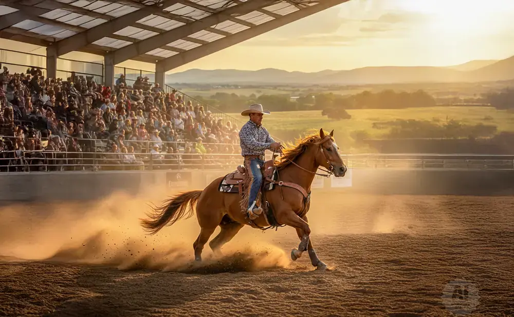 A cowboy on a brown horse kicks up dust at sunset while a crowd watches.