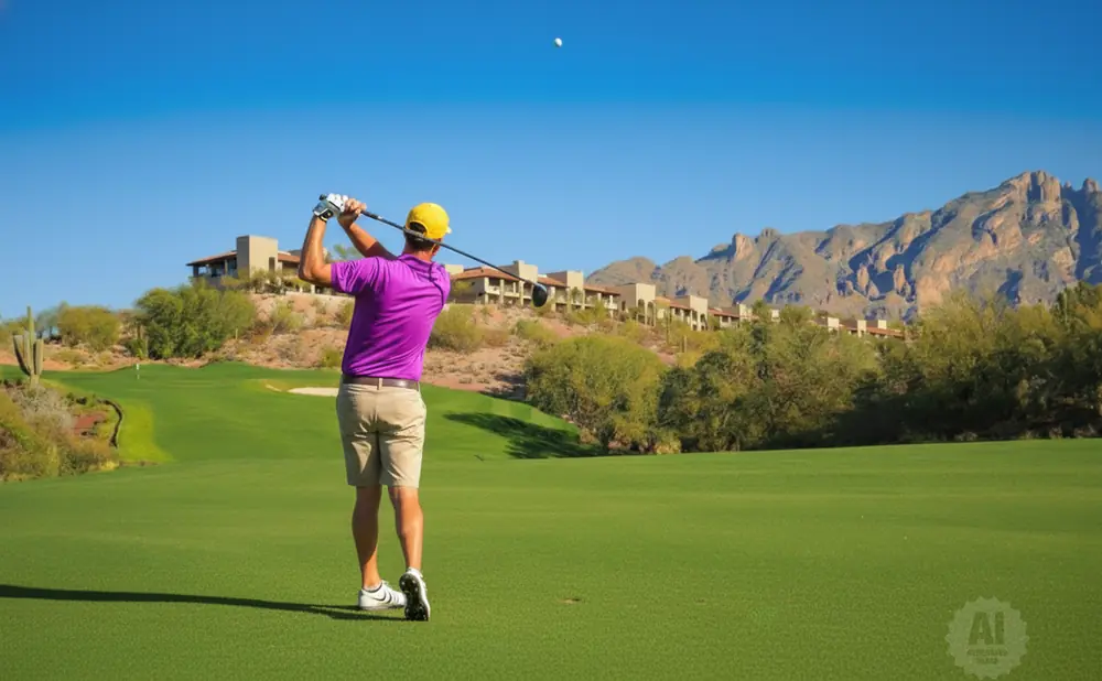 Golfer in purple shirt and yellow hat swings at a golf ball on a sunny day in the desert.