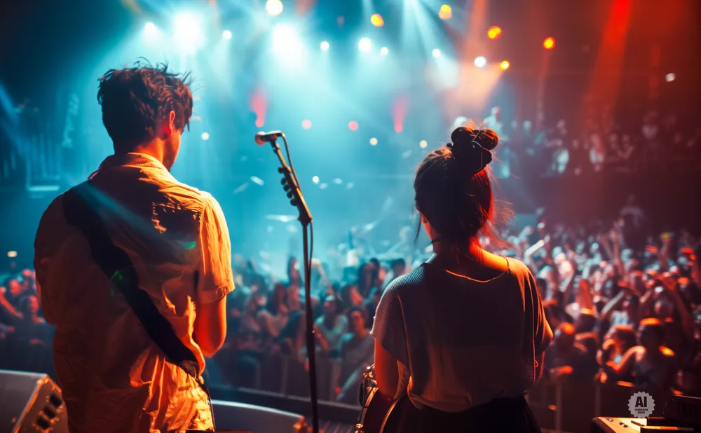 Two musicians on stage face a cheering crowd, with spotlights illuminating them and the audience.