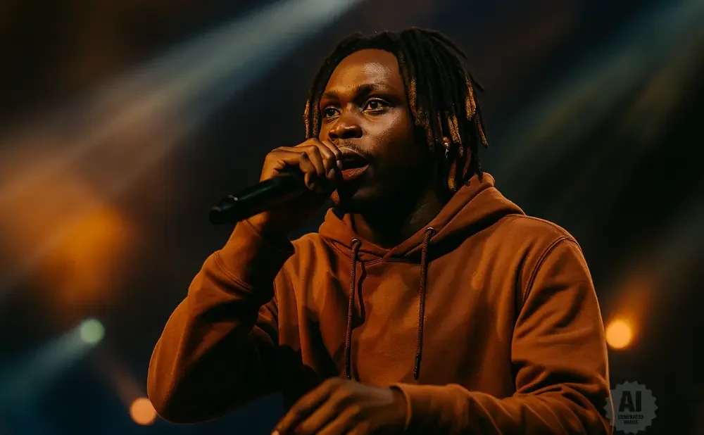 A man with dreadlocks on stage holds a microphone, wearing a brown hoodie, illuminated by stage lights.