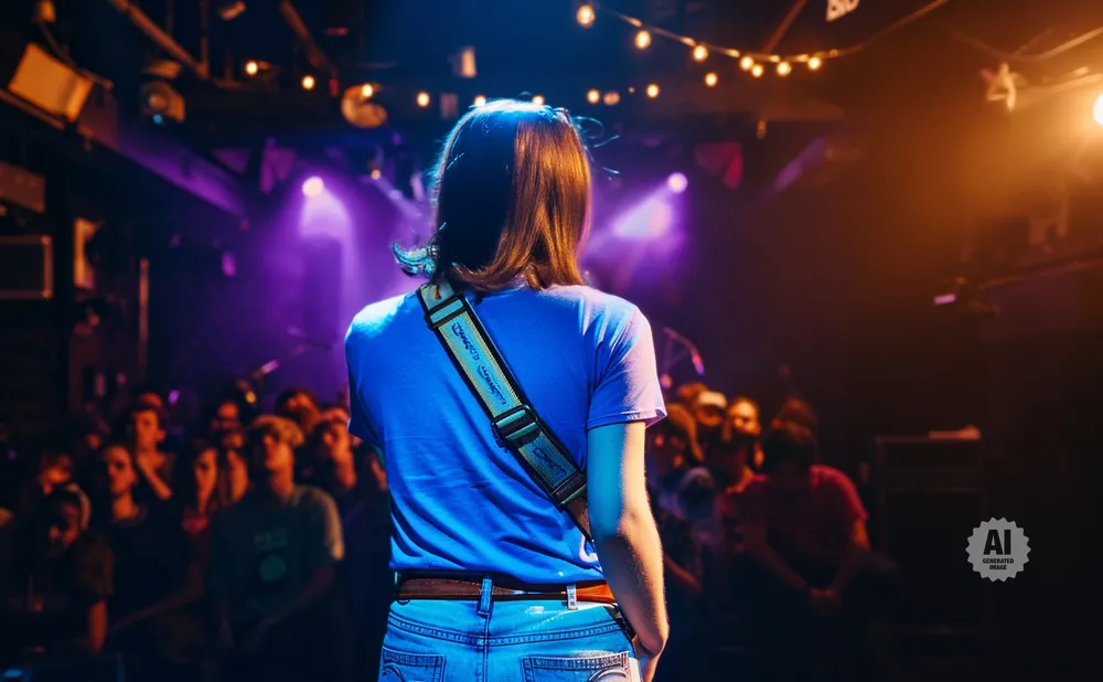 A person wearing a blue t-shirt and jeans stands with their back to the camera on a stage, facing a blurred crowd in a dimly lit venue.