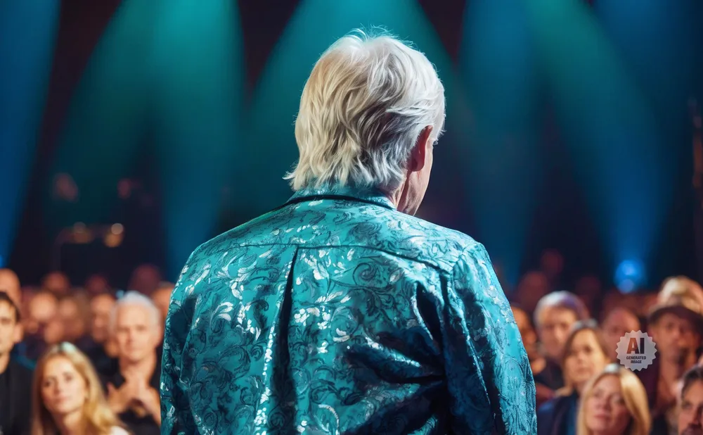 Man in a patterned teal shirt with white hair, facing away from the camera, on a stage with a blurred audience.