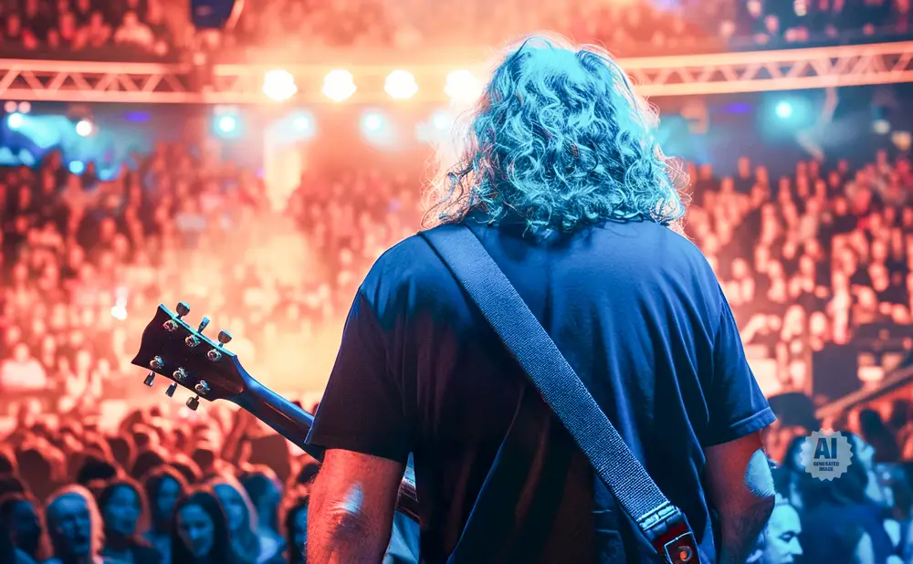 A guitarist plays on stage in front of a cheering crowd during a concert.