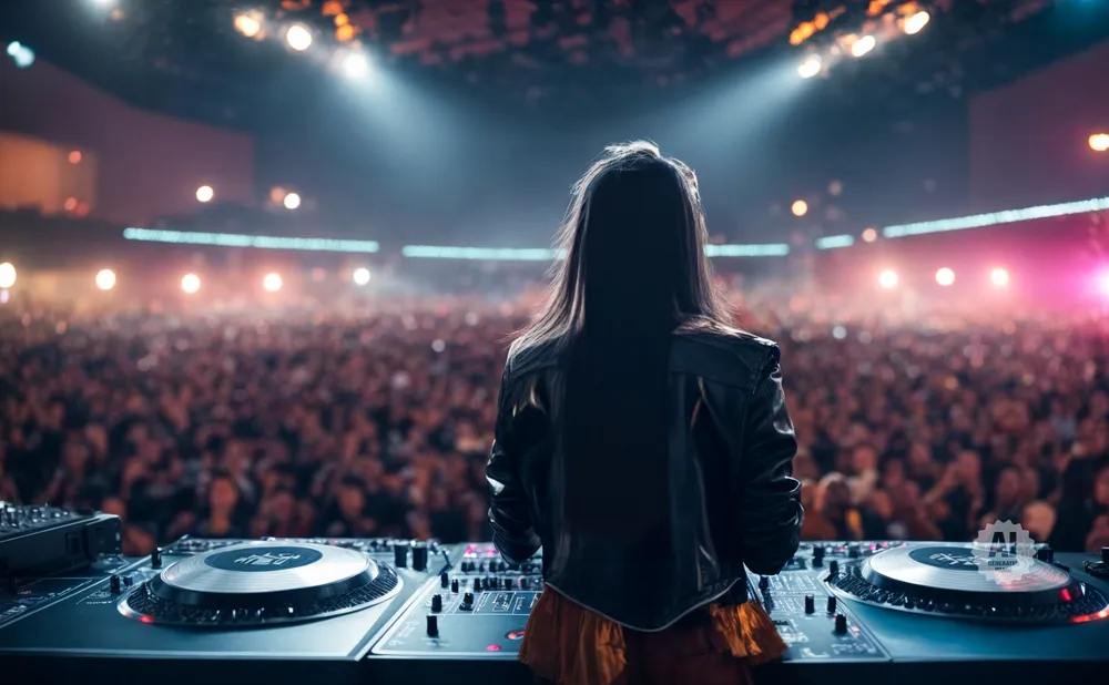 A DJ plays to a large, cheering crowd at a concert, with bright stage lights illuminating the scene.