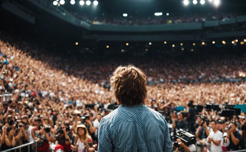 A singer in a striped shirt faces a massive, cheering crowd at an outdoor concert, many holding up cameras.