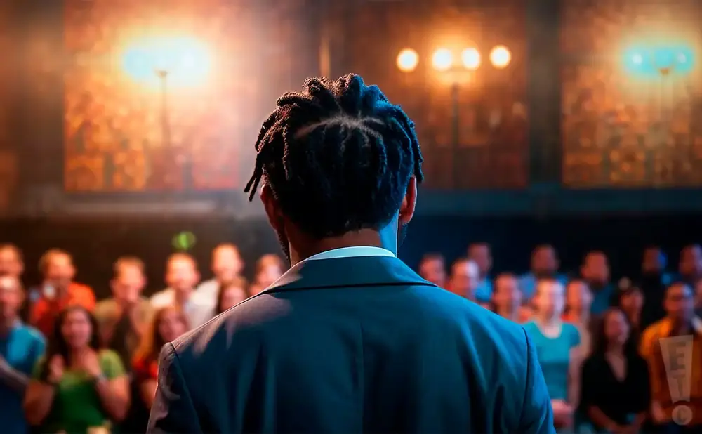 Man with braided hair in a suit faces a blurred audience in a dimly lit room.