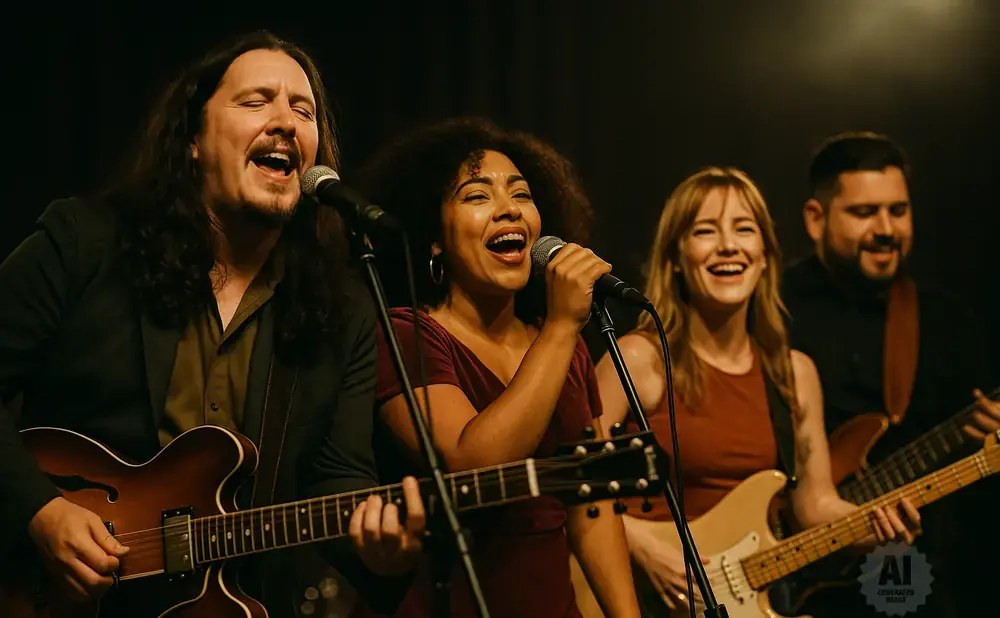 A band performs on stage with four musicians singing and playing guitars.
