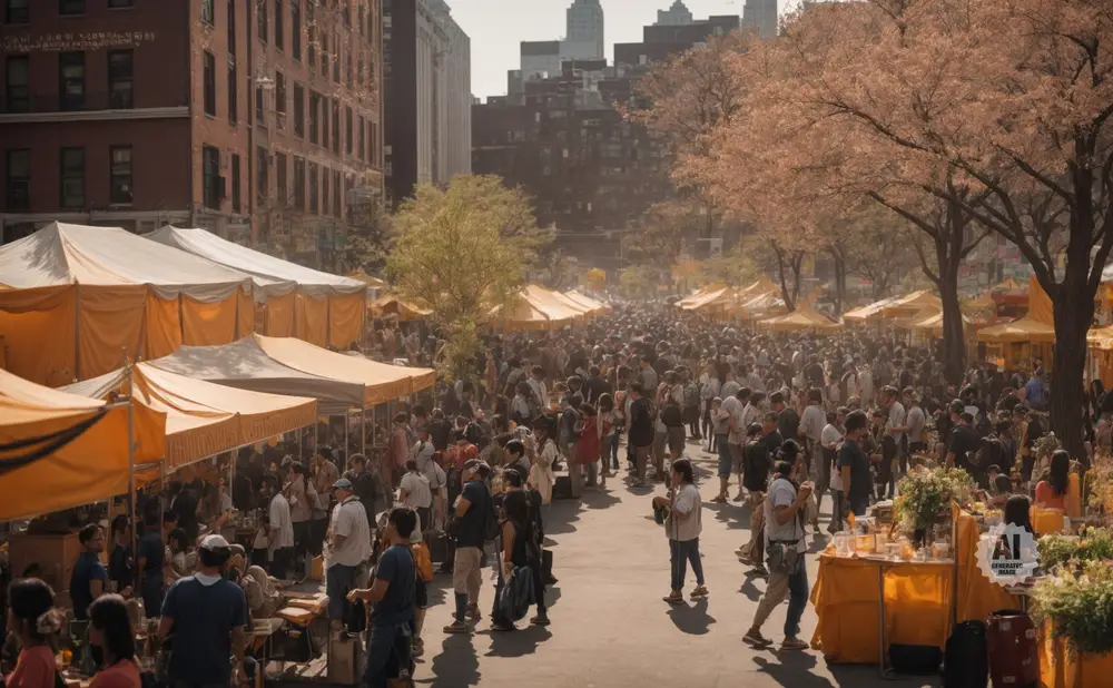 Outdoor street market with many tents and a crowd of people browsing.