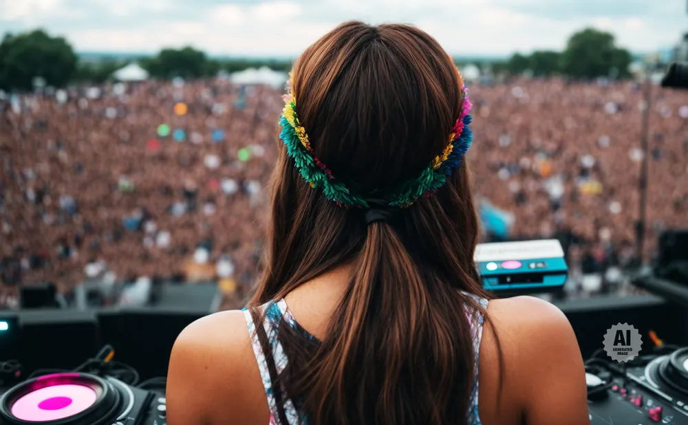 Woman with a flower crown at a DJ booth faces a large crowd at an outdoor music festival.