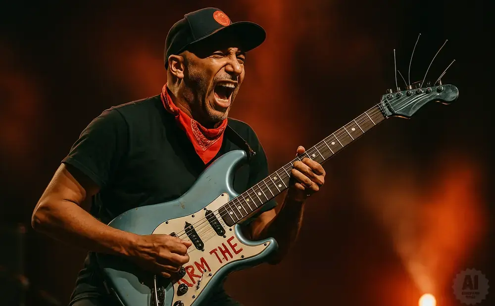 Man playing a light blue electric guitar, wearing a black cap and red bandana, with 