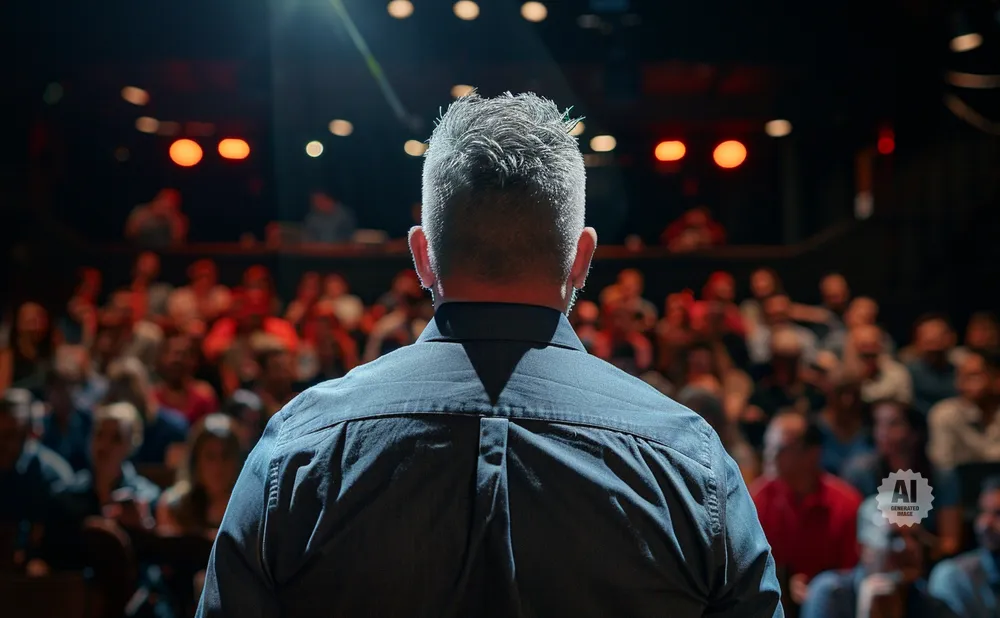 Man on stage facing audience, with red stage lights and bokeh effect.