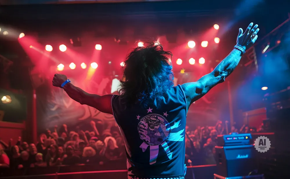 Rock musician on stage with arms raised in front of a cheering crowd, bathed in red and blue stage lights.