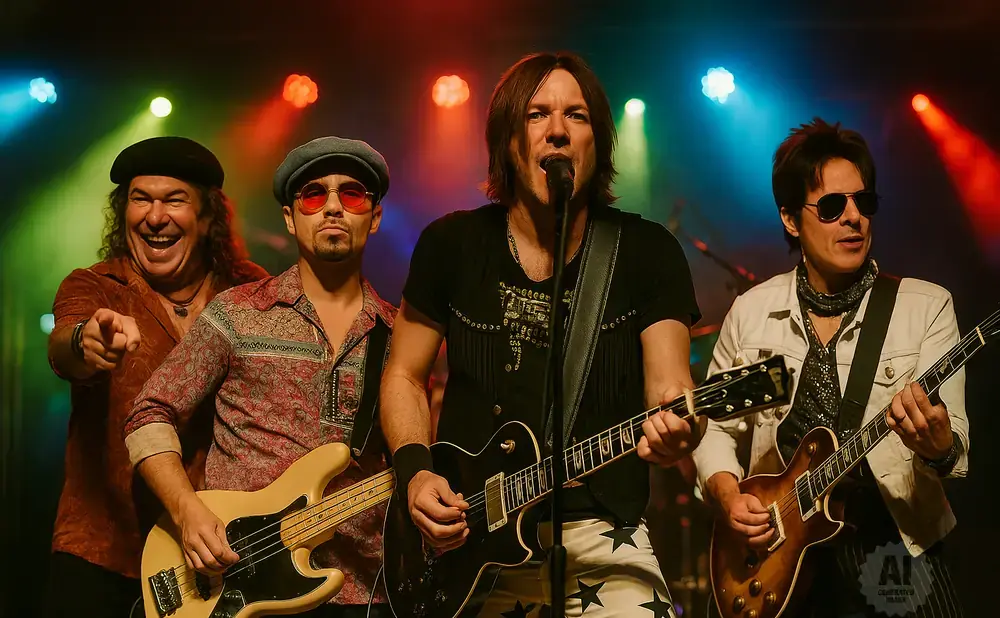 A rock band performs on stage with colorful lights.