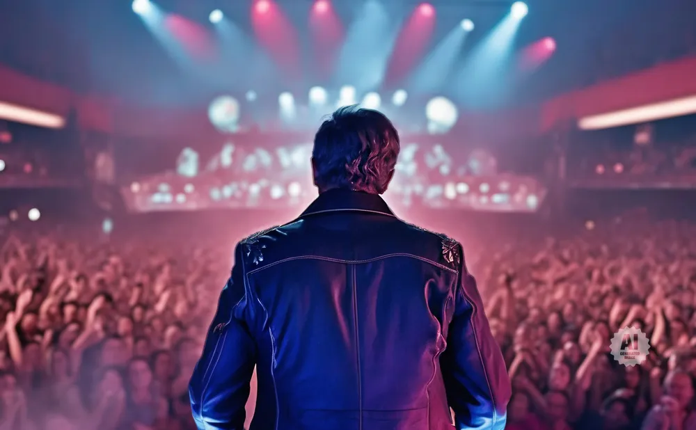Man in leather jacket on stage facing a cheering crowd under colorful stage lights.