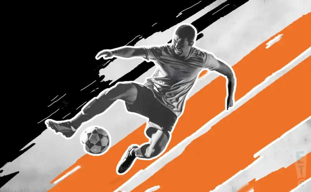 A soccer player kicks a ball in mid-air, with bold black and orange stripes in the background.