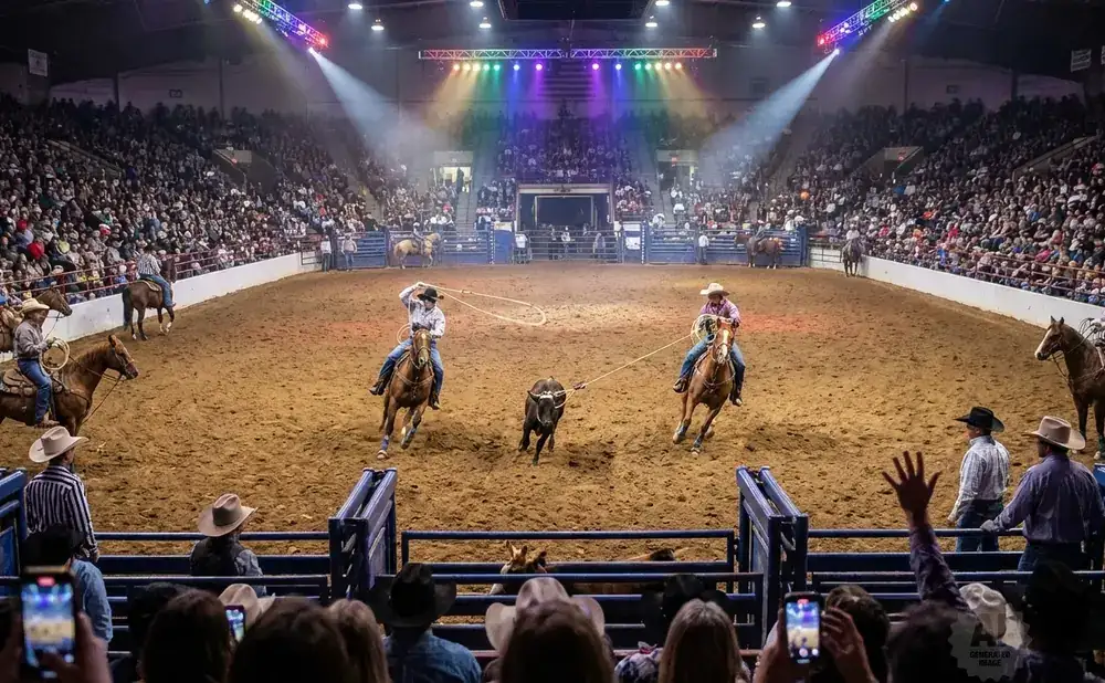 Rodeo participants rope a calf in a packed arena under colorful lights.