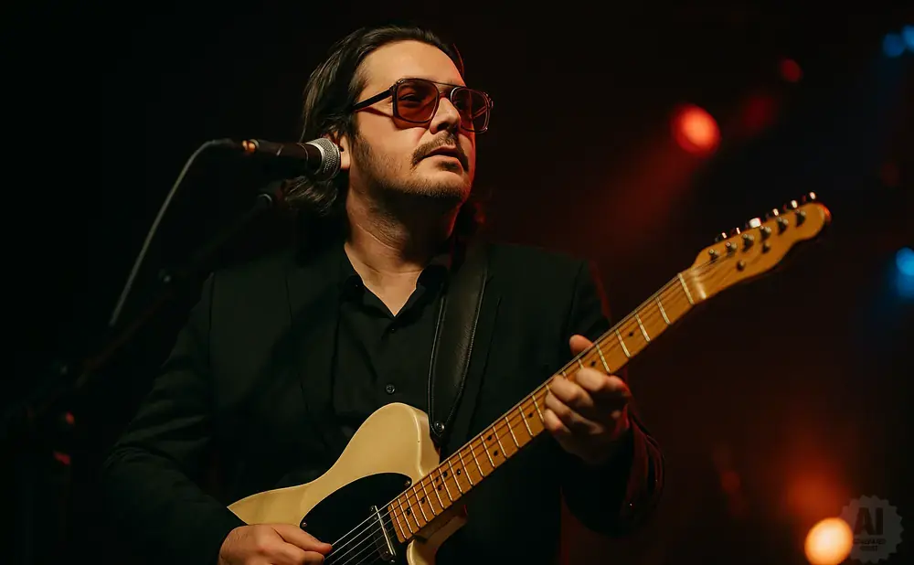 Man in a suit and sunglasses plays a cream-colored electric guitar on stage, with red and blue lights in the background.