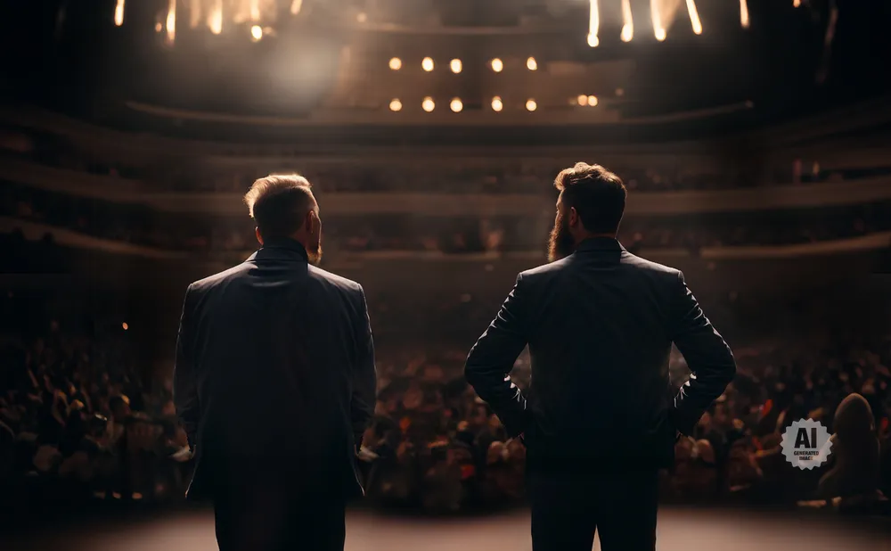Two men in suits stand on a stage facing a large audience, with bright lights above.