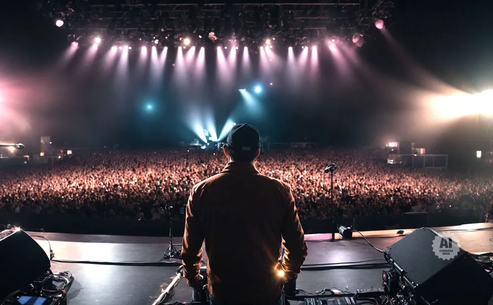 A performer on stage faces a large, enthusiastic crowd under bright stage lights at a concert.