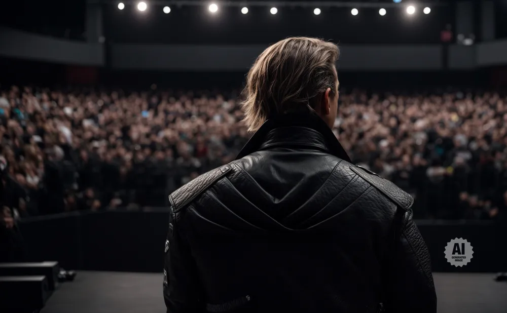 A person in a leather jacket faces away from the camera, looking out at a large, blurred audience.