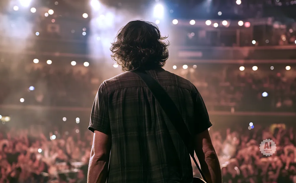 Musician on stage facing away from camera, bathed in concert lights, with a cheering crowd in the background.