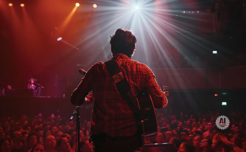 Guitarist in red plaid shirt plays for a cheering crowd under bright stage lights.