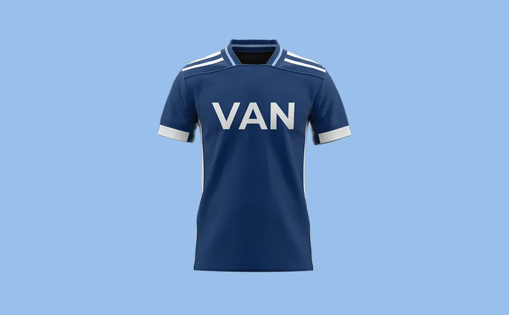 A dark blue soccer jersey with white trim and 