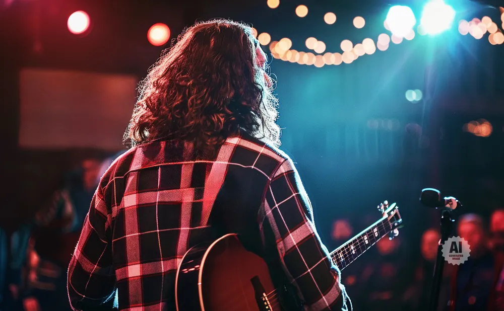 A person with long, curly hair plays an acoustic guitar on a dimly lit stage with blurred red and blue lights.