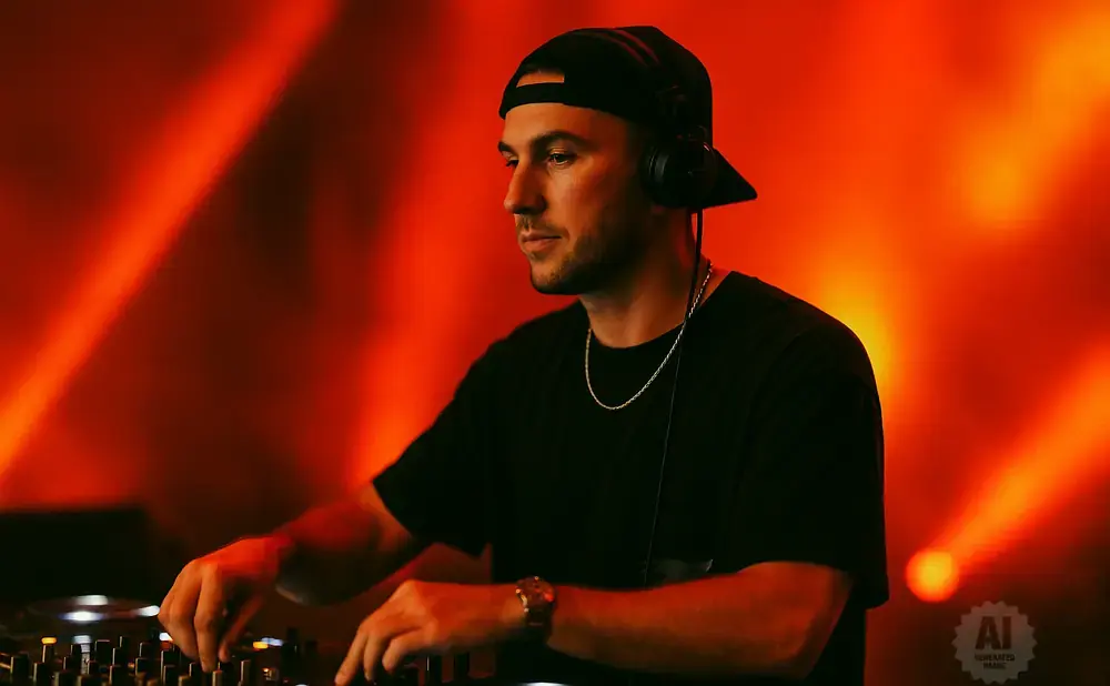 DJ in black t-shirt and cap with headphones, mixing on a console with red-orange lighting.