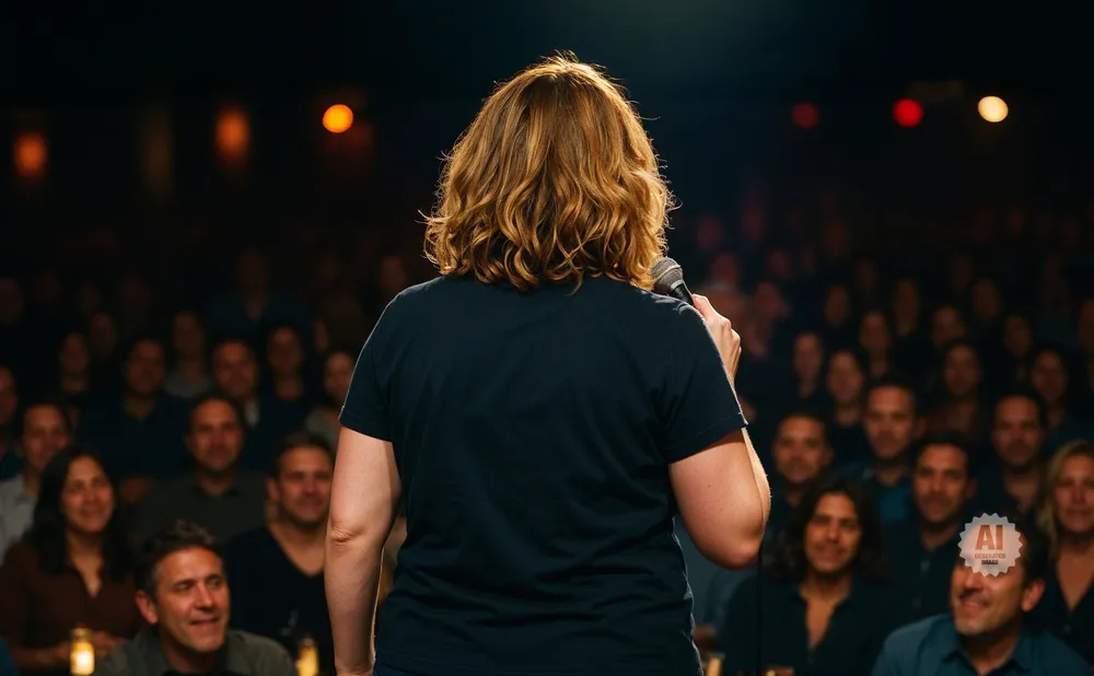 A comedian on stage, facing away from the camera, with a microphone in hand, addresses a seated audience in a dimly lit venue.