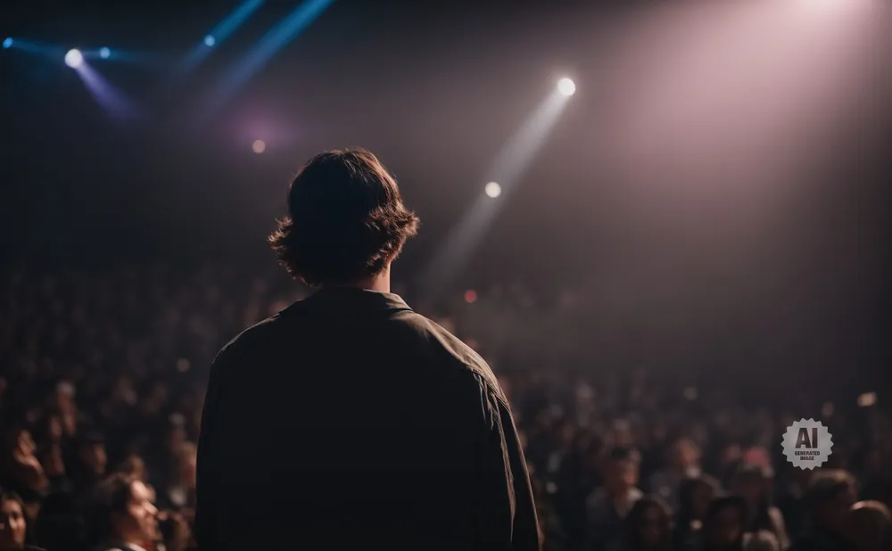 A person stands on stage facing a large, blurred audience under dramatic stage lighting.