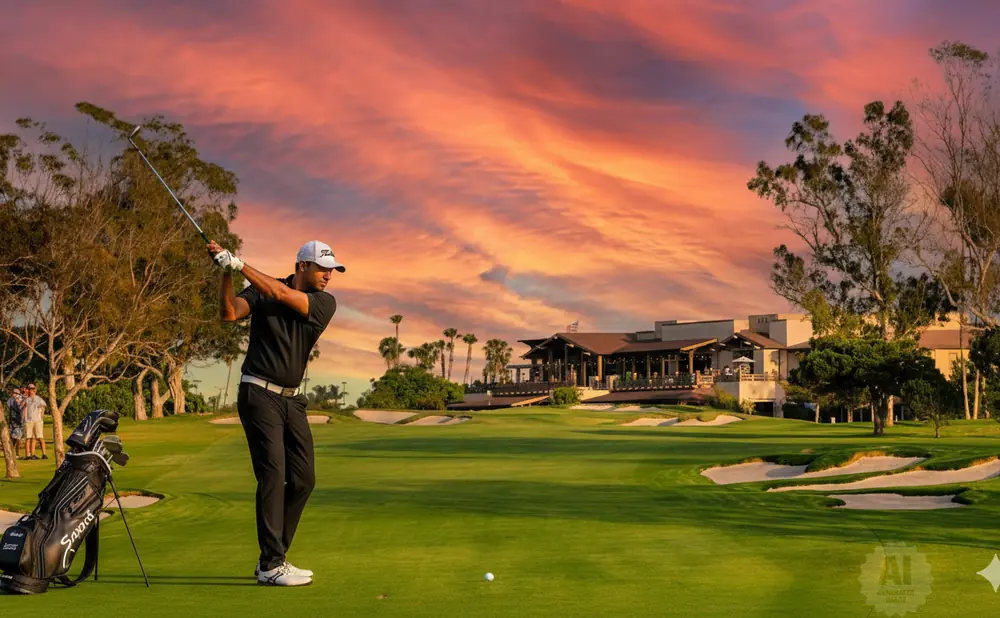 Golfer swings club on a course at sunset, with a clubhouse in the background.